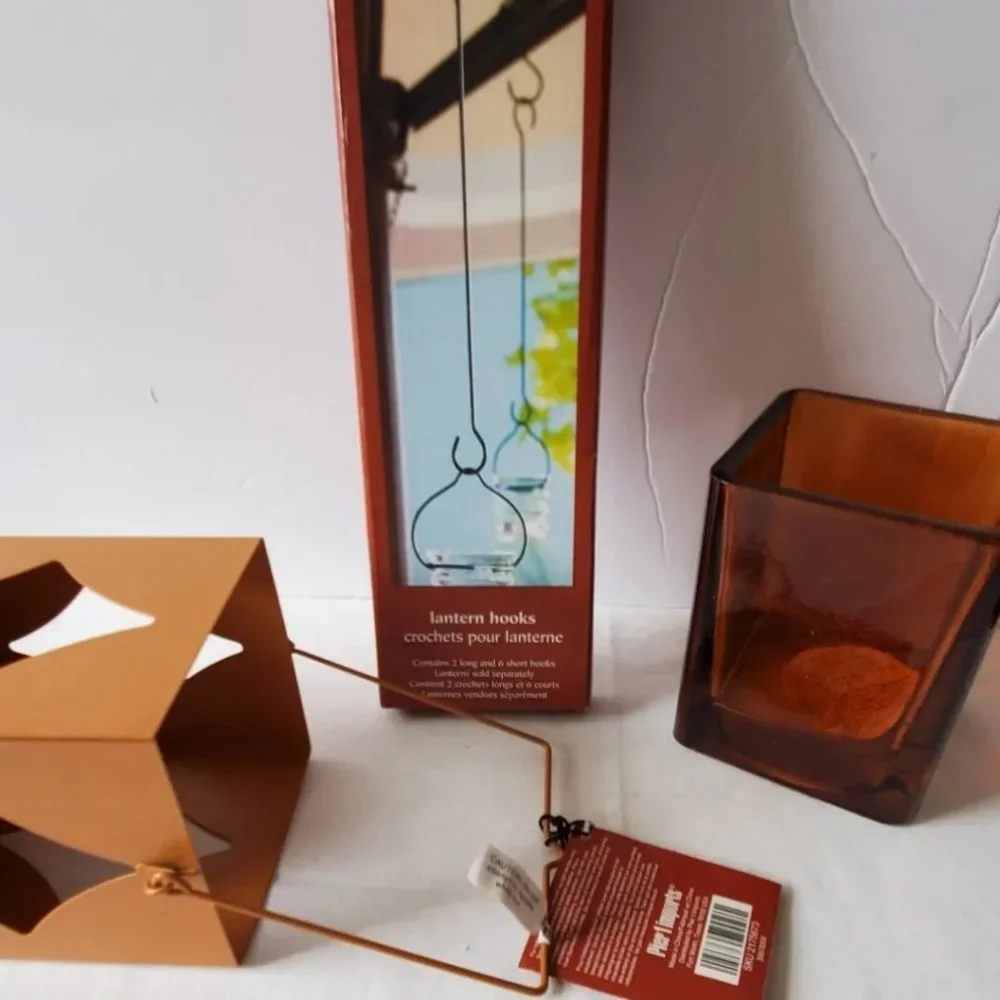 Pier 1 Two Rust Color Metal Candle Holders Glass Insert Lanterns